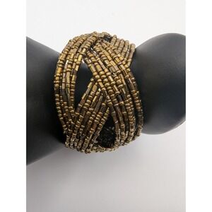 Dark Gold Tone Beaded Coil Bracelet Stretchy Wrap Bangle Cuff Woven Statement